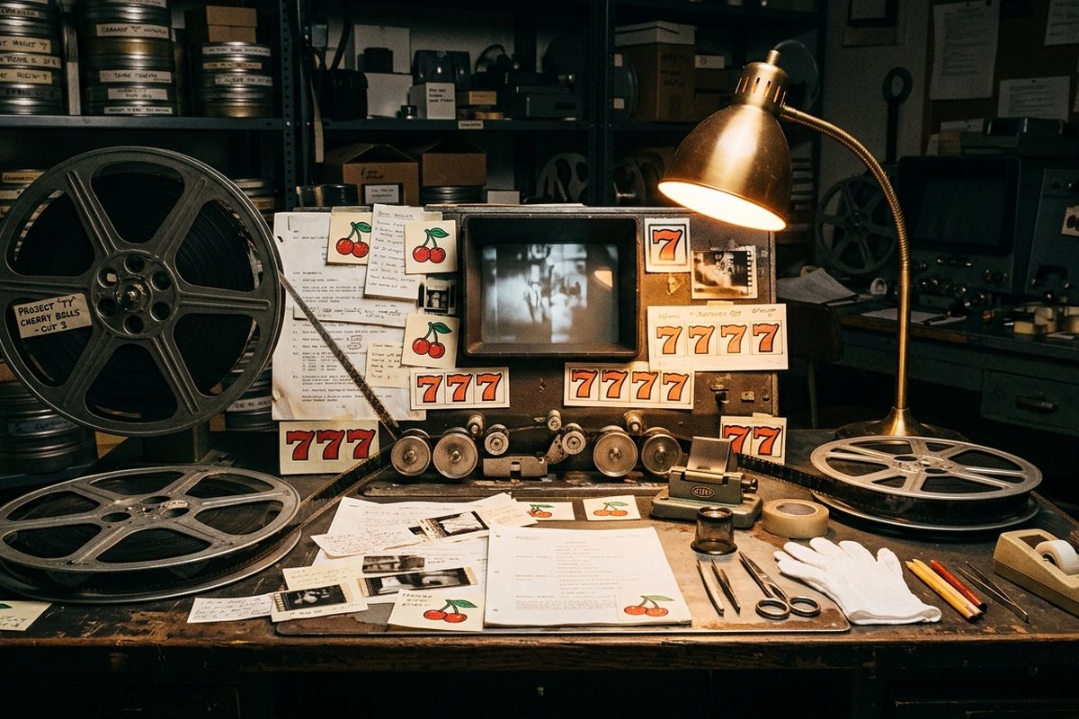 Meja editing film tua dengan gulungan film, kliping gambar simbol slot ceri dan bel, serta lampu kerja kuning hangat
